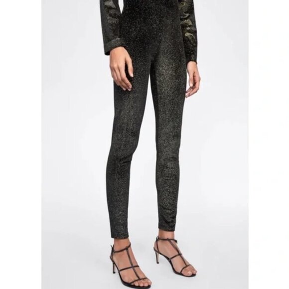 Zara Knit High Rise Black Metallic Pants Slit Leg Leggings - Picture 1 of 11